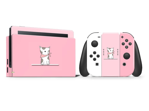 Solid white pastel pink cherry pink cute cat Full Wrap Vinyl Skin for Nintendo Switch